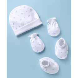 Babyhug 100% Cotton Interlock Knit Cap Mittens & Booties With Bow & Heart Print White - Diameter 16.5 cm