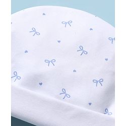 Babyhug 100% Cotton Interlock Knit Cap Mittens & Booties With Bow & Heart Print White - Diameter 16.5 cm