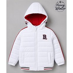 Babyhug Woven Full Sleeves Hooded Padded Quilted Winter Jacket with Varsity Print - White