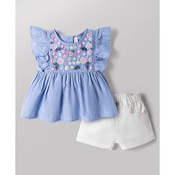 Babyhug Chambray 100% Cotton Knit Half Sleeves Floral Embroidered Top and Shorts Set - Blue