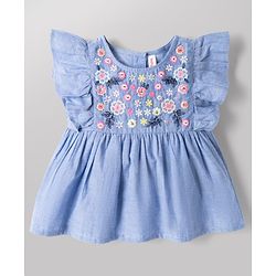 Babyhug Chambray 100% Cotton Knit Half Sleeves Floral Embroidered Top and Shorts Set - Blue
