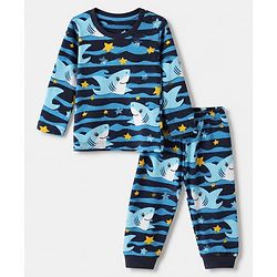 Babyhug Cotton Knit Full Sleeves Co-ord T-Shirt & Pajama Night Suit with Waves & Shark Print - Blue