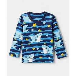 Babyhug Cotton Knit Full Sleeves Co-ord T-Shirt & Pajama Night Suit with Waves & Shark Print - Blue