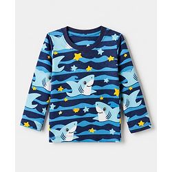 Babyhug Cotton Knit Full Sleeves Co-ord T-Shirt & Pajama Night Suit with Waves & Shark Print - Blue