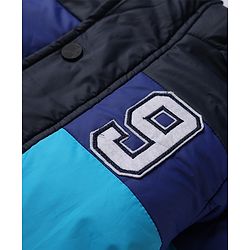 Babyhug Woven Hooded Padded Quilted Winter Jacket with Full Sleeves and 9 Embroidered Patch with Cut & Sew - Navy Blue