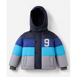 Babyhug Woven Hooded Padded Quilted Winter Jacket with Full Sleeves and 9 Embroidered Patch with Cut & Sew - Navy Blue