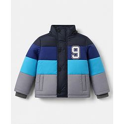 Babyhug Woven Hooded Padded Quilted Winter Jacket with Full Sleeves and 9 Embroidered Patch with Cut & Sew - Navy Blue