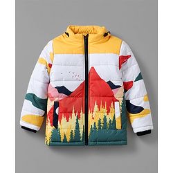 Babyhug Woven Full Sleeves Padded Quilted Winter Jacket with Detachable Hood & Mountain Landscape Print - Yellow