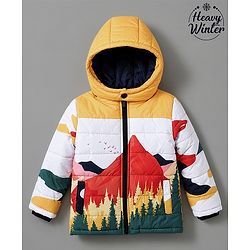 Babyhug Woven Full Sleeves Padded Quilted Winter Jacket with Detachable Hood & Mountain Landscape Print - Yellow