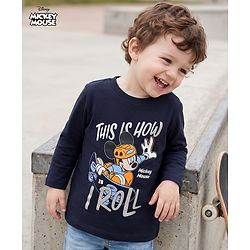 Babyhug Disney 100% Cotton Single Jersey Knit T-Shirt with Full Sleeves and This is How I Roll Text with Mickey Mouse Print - Navy Blue