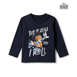 Babyhug Disney 100% Cotton Single Jersey Knit T-Shirt with Full Sleeves and This is How I Roll Text with Mickey Mouse Print - Navy Blue