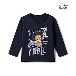 Babyhug Disney 100% Cotton Single Jersey Knit T-Shirt with Full Sleeves and This is How I Roll Text with Mickey Mouse Print - Navy Blue