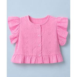 Babyhug 100% Cotton Schiffili Knit Half Frill Sleeves Top and Shorts with Eyelet Embroidery - Light Pink