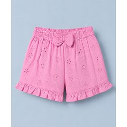 Babyhug 100% Cotton Schiffili Knit Half Frill Sleeves Top and Shorts with Eyelet Embroidery - Light Pink