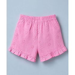 Babyhug 100% Cotton Schiffili Knit Half Frill Sleeves Top and Shorts with Eyelet Embroidery - Light Pink
