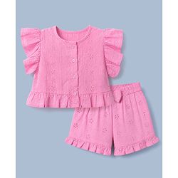 Babyhug 100% Cotton Schiffili Knit Half Frill Sleeves Top and Shorts with Eyelet Embroidery - Light Pink
