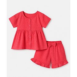 Babyhug 100% Cotton Knit Top and Shorts with Half Sleeves and Dots Embroidery with Bow - Red