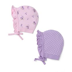 Babyhug 100% Cotton Interlock Knit Polka Dots & Floral Printed Cap Pack of 2 - Pink & Purple