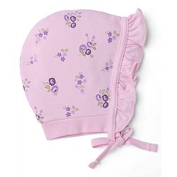 Babyhug 100% Cotton Interlock Knit Polka Dots & Floral Printed Cap Pack of 2 - Pink & Purple