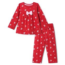Babyhug 100% Cotton Knit Full Sleeves Co-Ords Top & Pyjama Night Suit with Floral Print & Bow Applique - Red