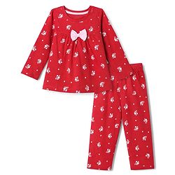 Babyhug 100% Cotton Knit Full Sleeves Co-Ords Top & Pyjama Night Suit with Floral Print & Bow Applique - Red