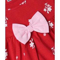 Babyhug 100% Cotton Knit Full Sleeves Co-Ords Top & Pyjama Night Suit with Floral Print & Bow Applique - Red