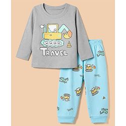 Babyhug 100% Cotton Knit Full Sleeves T-Shirt & Pyjama Night Suit with Construction Vehicle Print - Grey