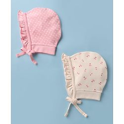 Babyhug 100% Cotton Interlock Knit Baby Caps With Cherry Print In Pink - Diameter 13.5 cm
