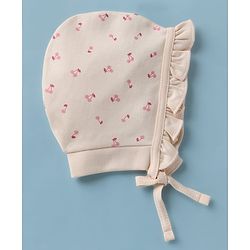 Babyhug 100% Cotton Interlock Knit Baby Caps With Cherry Print In Pink - Diameter 13.5 cm