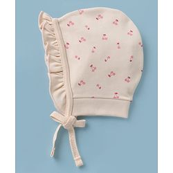 Babyhug 100% Cotton Interlock Knit Baby Caps With Cherry Print In Pink - Diameter 13.5 cm