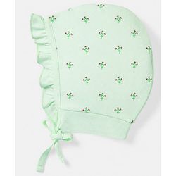 Babyhug 100% Cotton Interlock Knit Baby Caps with Polka Dots & Floral Print in Pink & Green Pack of 2 - Diameter 9 cm
