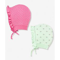 Babyhug 100% Cotton Interlock Knit Baby Caps with Polka Dots & Floral Print in Pink & Green Pack of 2 - Diameter 9 cm