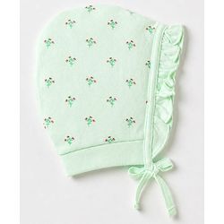 Babyhug 100% Cotton Interlock Knit Baby Caps with Polka Dots & Floral Print in Pink & Green Pack of 2 - Diameter 9 cm