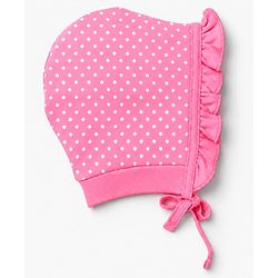 Babyhug 100% Cotton Interlock Knit Baby Caps with Polka Dots & Floral Print in Pink & Green Pack of 2 - Diameter 9 cm