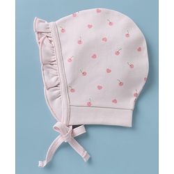 Babyhug 100% Cotton Interlock Knit Baby Caps With Apple Print In Pink - Diameter 13 cm