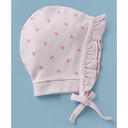 Babyhug 100% Cotton Interlock Knit Baby Caps With Apple Print In Pink - Diameter 13 cm