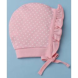 Babyhug 100% Cotton Interlock Knit Polka Dots & Floral Printed Cap Pack of 2 White - Diameter 7.5 cm