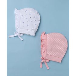 Babyhug 100% Cotton Interlock Knit Polka Dots & Floral Printed Cap Pack of 2 White - Diameter 7.5 cm