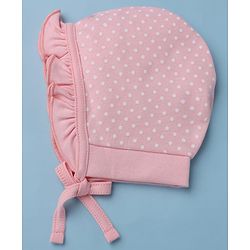 Babyhug 100% Cotton Interlock Knit Polka Dots & Floral Printed Cap Pack of 2 White - Diameter 7.5 cm