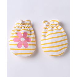 Babyhug 100% Cotton Interlock Knit Mittens & Booties With Floral Print - Yellow Pink