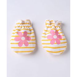 Babyhug 100% Cotton Interlock Knit Mittens & Booties With Floral Print - Yellow Pink