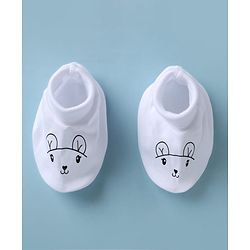 Babyhug 100% Cotton Interlock Knit Mittens & Booties with Bunny Print - Off White