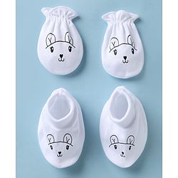 Babyhug 100% Cotton Interlock Knit Mittens & Booties with Bunny Print - Off White