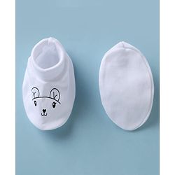 Babyhug 100% Cotton Interlock Knit Mittens & Booties with Bunny Print - Off White