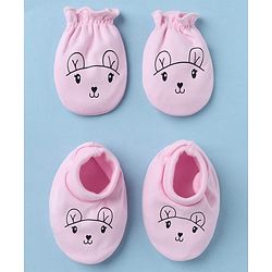 Babyhug 100% Cotton Interlock Knit Mittens & Booties With Animal Print - Pink