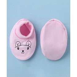 Babyhug 100% Cotton Interlock Knit Mittens & Booties With Animal Print - Pink
