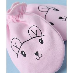 Babyhug 100% Cotton Interlock Knit Mittens & Booties With Animal Print - Pink