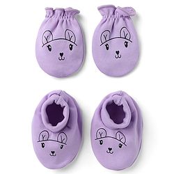 Babyhug 100% Cotton Interlock Knit Mittens & Booties With Animal Print - Lavender