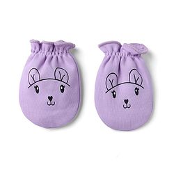 Babyhug 100% Cotton Interlock Knit Mittens & Booties With Animal Print - Lavender