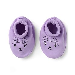 Babyhug 100% Cotton Interlock Knit Mittens & Booties With Animal Print - Lavender